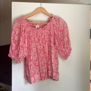 THE GREAT. Pink Puff Sleeve Smocked Blouse